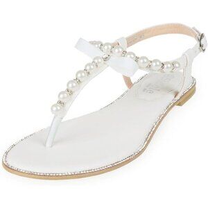 SheSole Women's White Pearl Flat Sandals Sparkly Rhinestone Open Toe Bridal Shoe